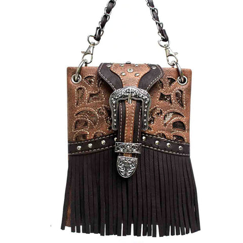 Western Buckle Fringe Studded Mini Crossbody Bag