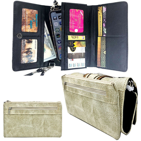 Multi Functional Western Buckle Floral Embroidery Trifold  Clutch Crossbody Wallet with Back Pouch
