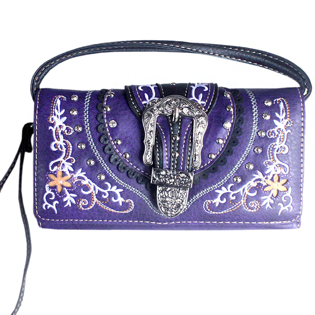 Multi Functional Western Buckle Floral Embroidery Trifold  Clutch Crossbody Wallet with Back Pouch