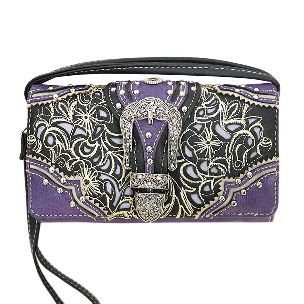 Multi Functional Western Buckle Trifold  Clutch Crossbody Wallet With Back Pouch