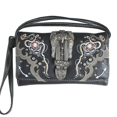 Multi Functional Western Buckle Embroidery Trifold  Clutch Crossbody Wallet with Back Pouch