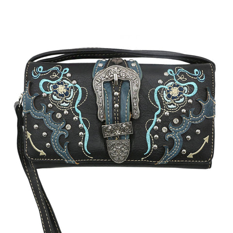 Multi Functional Western Buckle Embroidery Trifold  Clutch Crossbody Wallet with Back Pouch