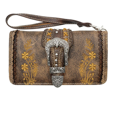 Multi Functional Western Buckle Embroidery Trifold Clutch Crossbody Wallet