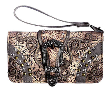Spiritual Trifold Clutch  Western Buckle Studded Crossbody Wallet