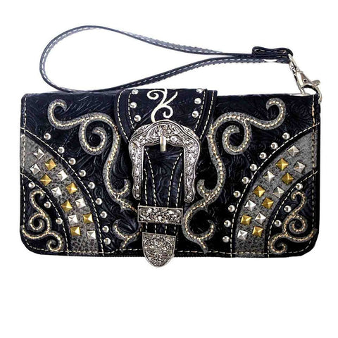 Multi Functional Spiritual Trifold Clutch  Western Buckle Studded Crossbody Wallet