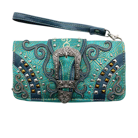 Multi Functional Spiritual Trifold Clutch  Western Buckle Studded Crossbody Wallet
