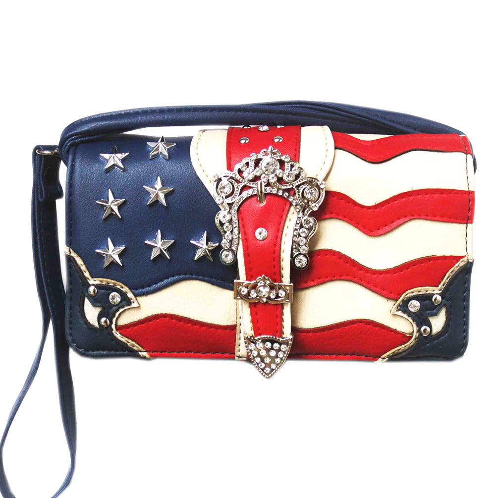 Multi Functional Western U.S Flag Buckle Trifold Clutch Crossbody Wallet