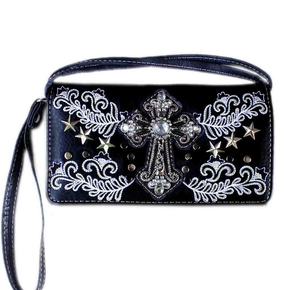 Western Spiritual Cross Floral Embroidery Trifold Crossbody Wallet – C ...