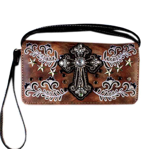Western Spiritual Cross Floral Embroidery Trifold Crossbody Wallet