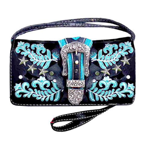Western Buckle Embroidery Trifold Crossbody Wallet