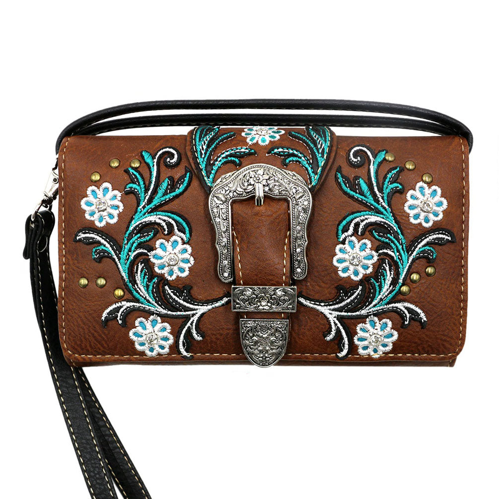 Multi Functional Western Buckle Embroidery Trifold Clutch Crossbody Wallet