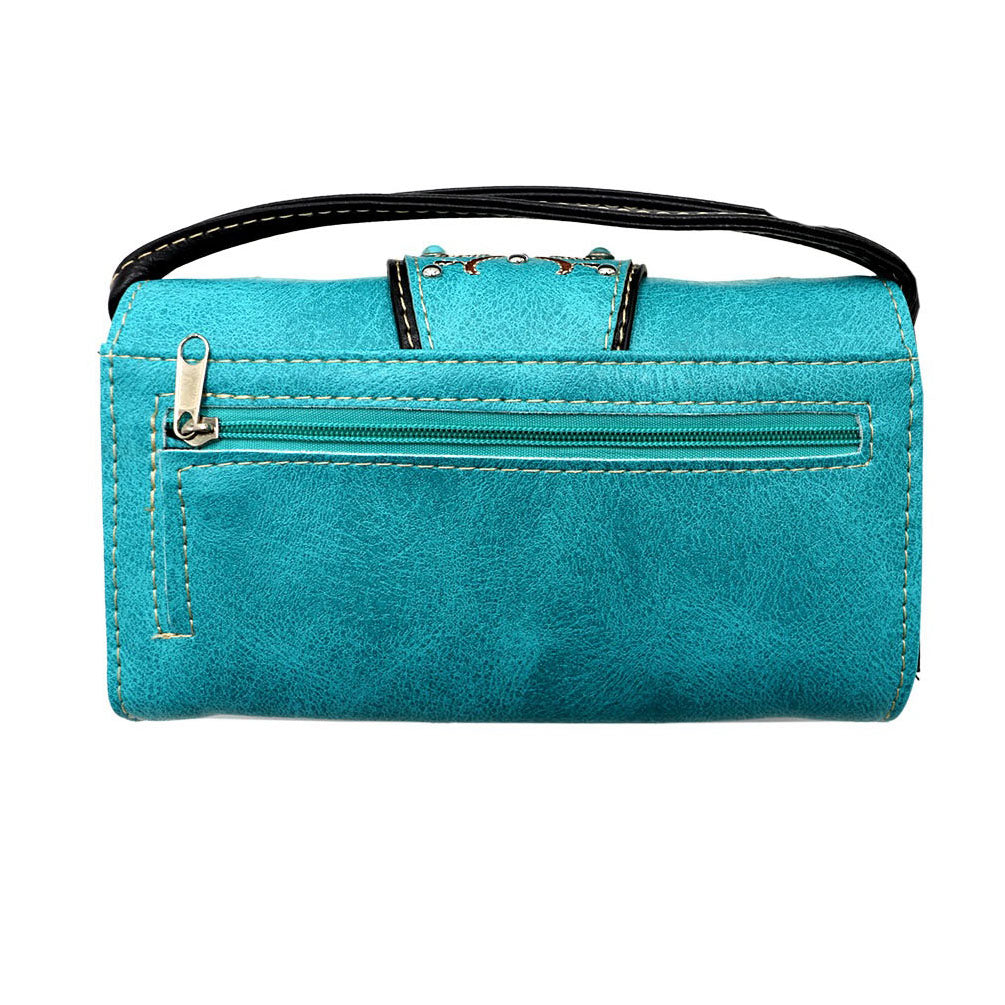 Multi Functional Western Buckle Embroidery Trifold Clutch Crossbody Wallet