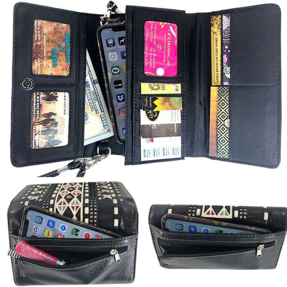 Western Buckle Tooling Studded Multi Functional Trifold Clutch Crossbody Wallet