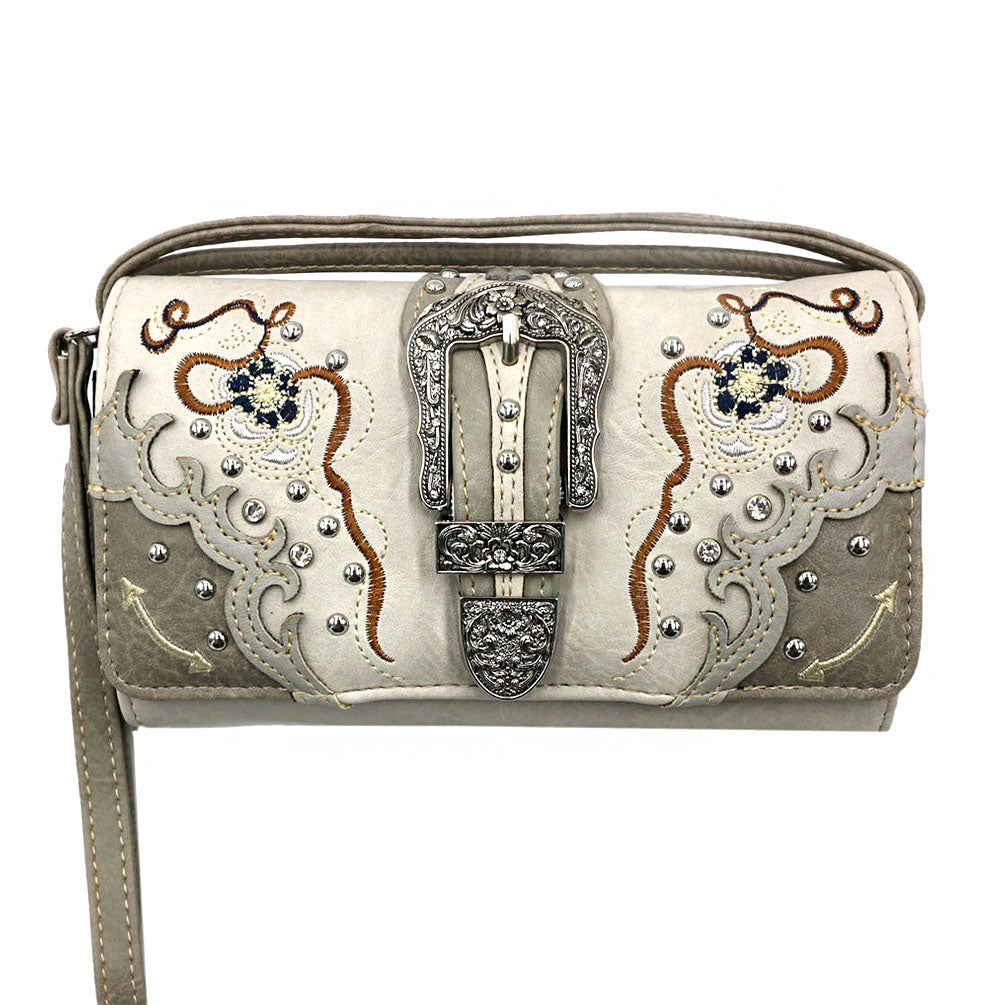 Multi Functional Western Buckle Floral Embroidery Trifold Clutch Crossbody Wallet