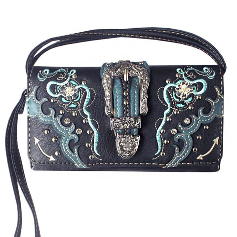 Multi Functional Western Buckle Floral Embroidery Trifold Clutch Crossbody Wallet