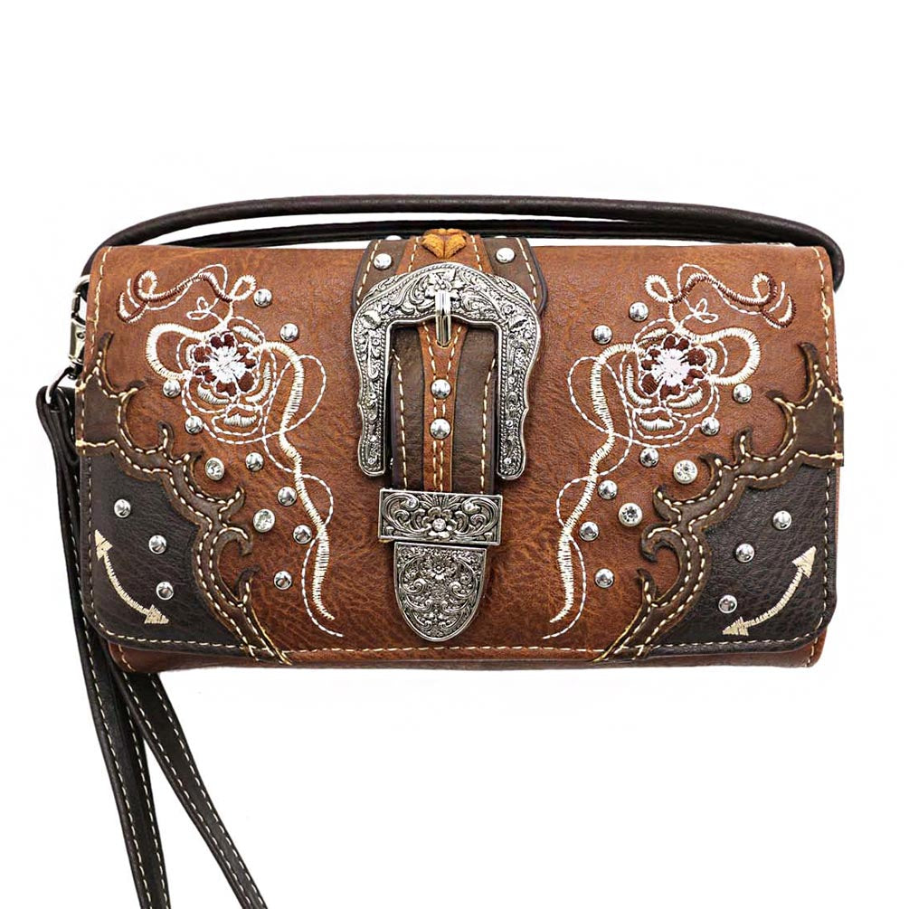 Multi Functional Western Buckle Floral Embroidery Trifold Clutch Crossbody Wallet