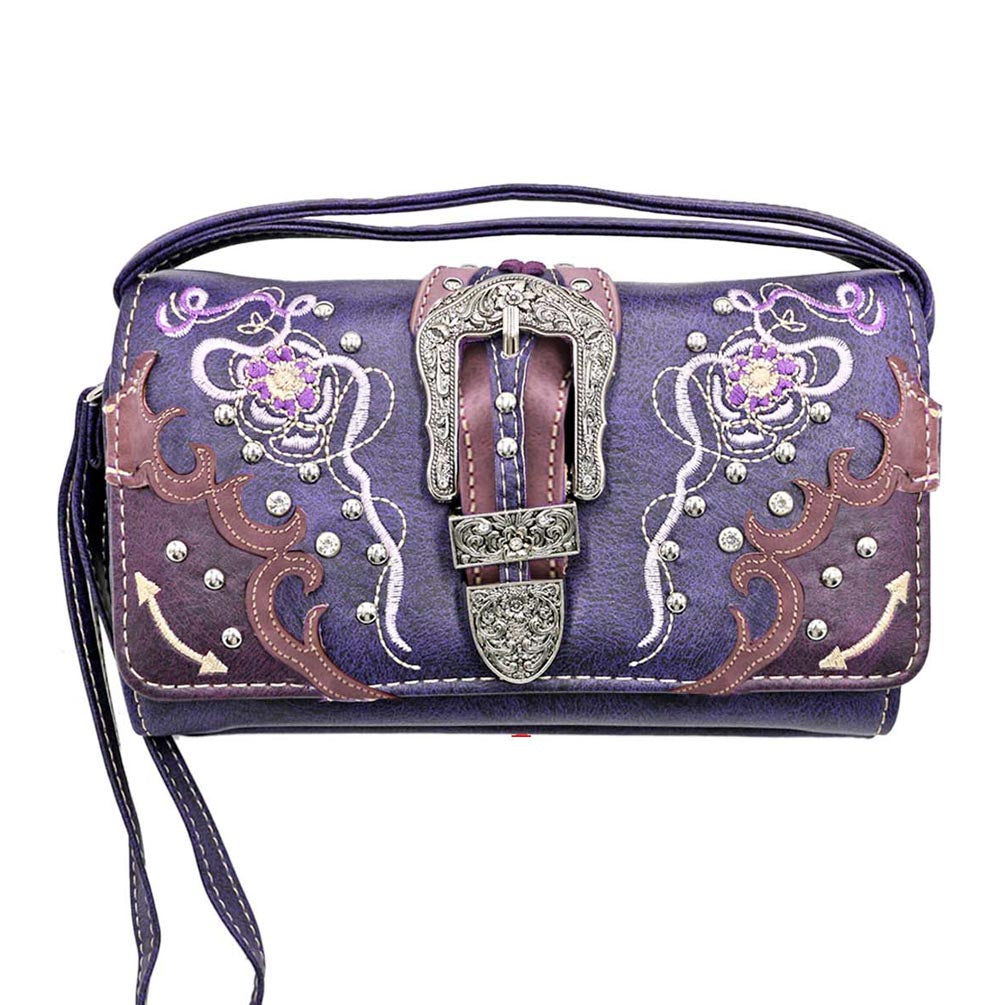 Multi Functional Western Buckle Floral Embroidery Trifold Clutch Crossbody Wallet