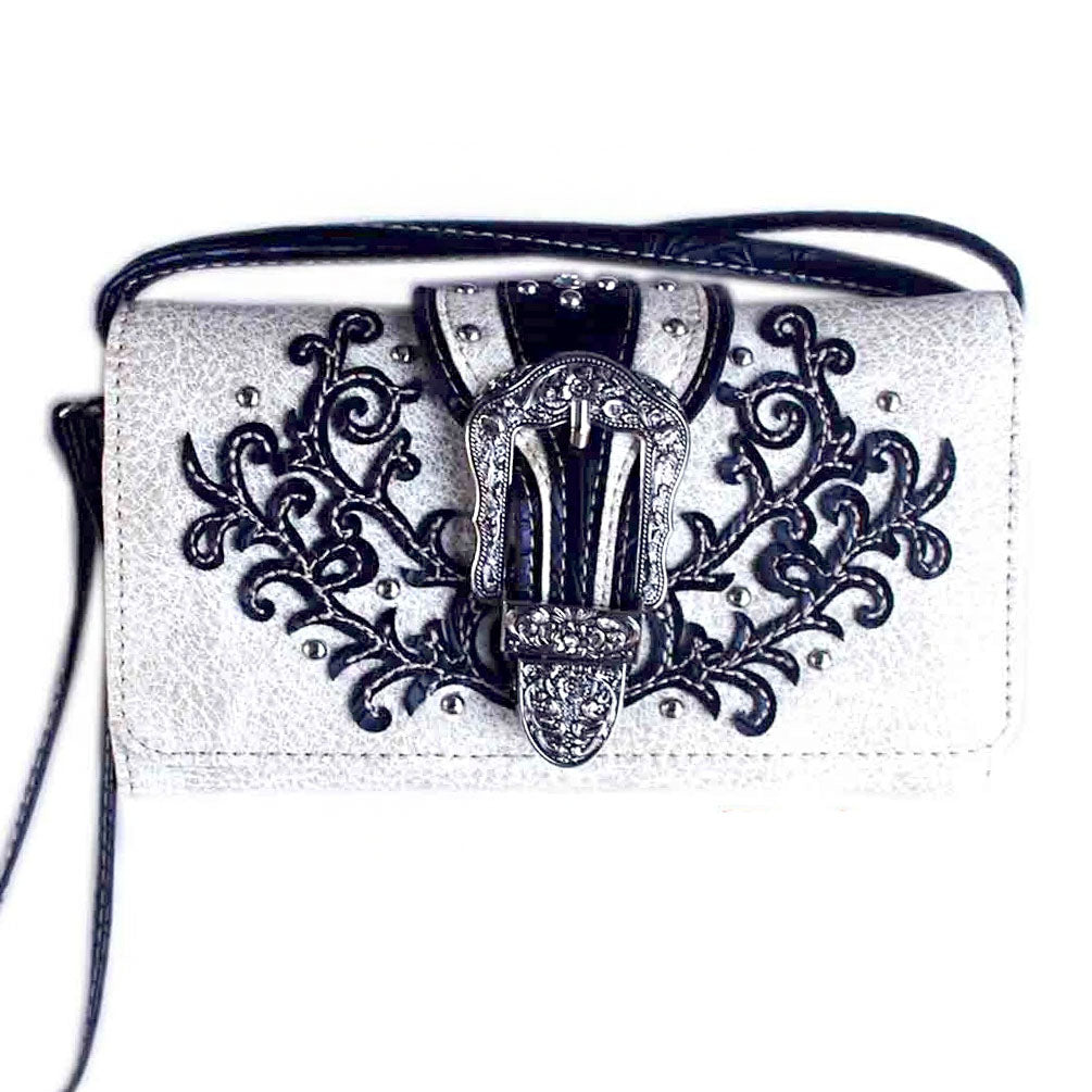 Multi Functional Western Buckle Floral Embroidery Trifold  Clutch Crossbody Wallet