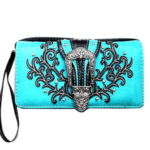Multi Functional Western Buckle Floral Embroidery Trifold  Clutch Crossbody Wallet