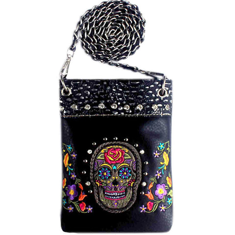 Sugar Skull Floral Embroidery Rhinestone Studded Mini Crossbody Bag
