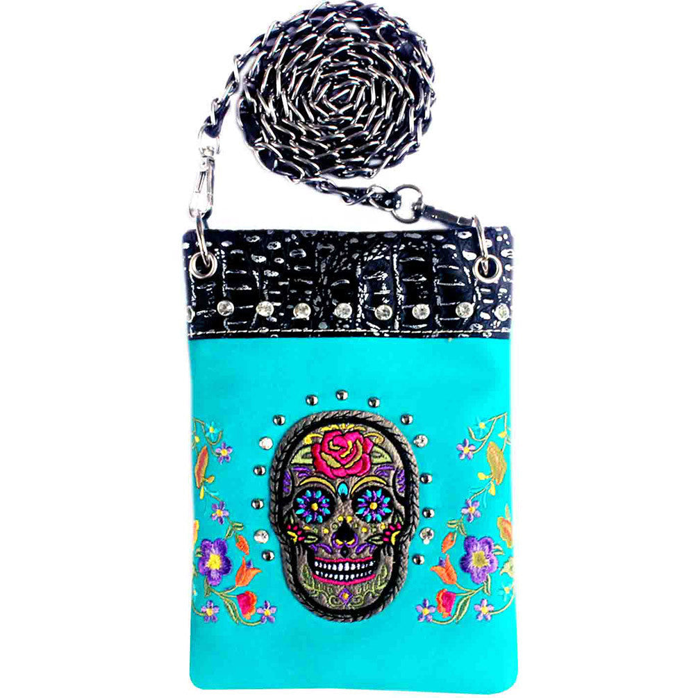 Sugar Skull Floral Embroidery Rhinestone Studded Mini Crossbody Bag