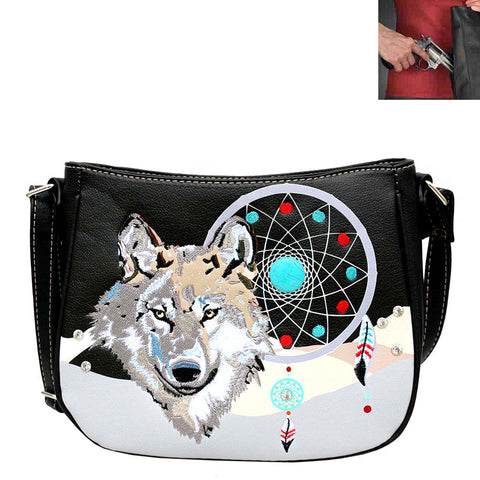 Concealed Carry Western Woolf Dream Catcher Embroidery Crossbody Bag