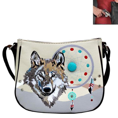 Concealed Carry Western Woolf Dream Catcher Embroidery Crossbody Bag