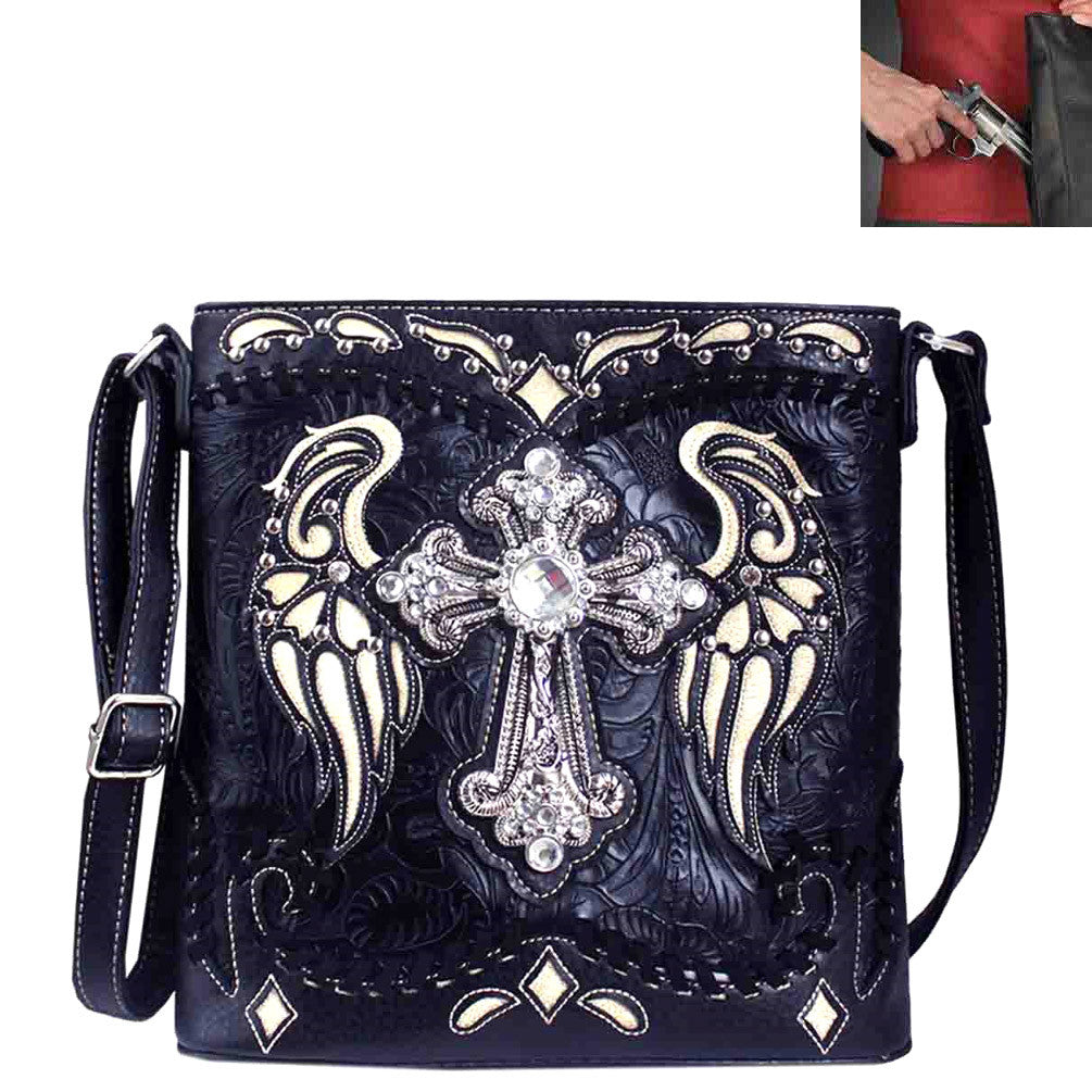 Concealed Carry Spiritual Cross Wing Design Tooling Crossbody Bag