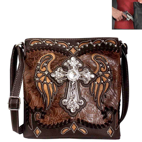 Concealed Carry Spiritual Cross Wing Design Tooling Crossbody Bag
