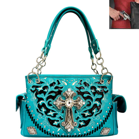 Concealed Carry Western Spiritual Cross Cut-off Floral Design Shoulder Bag