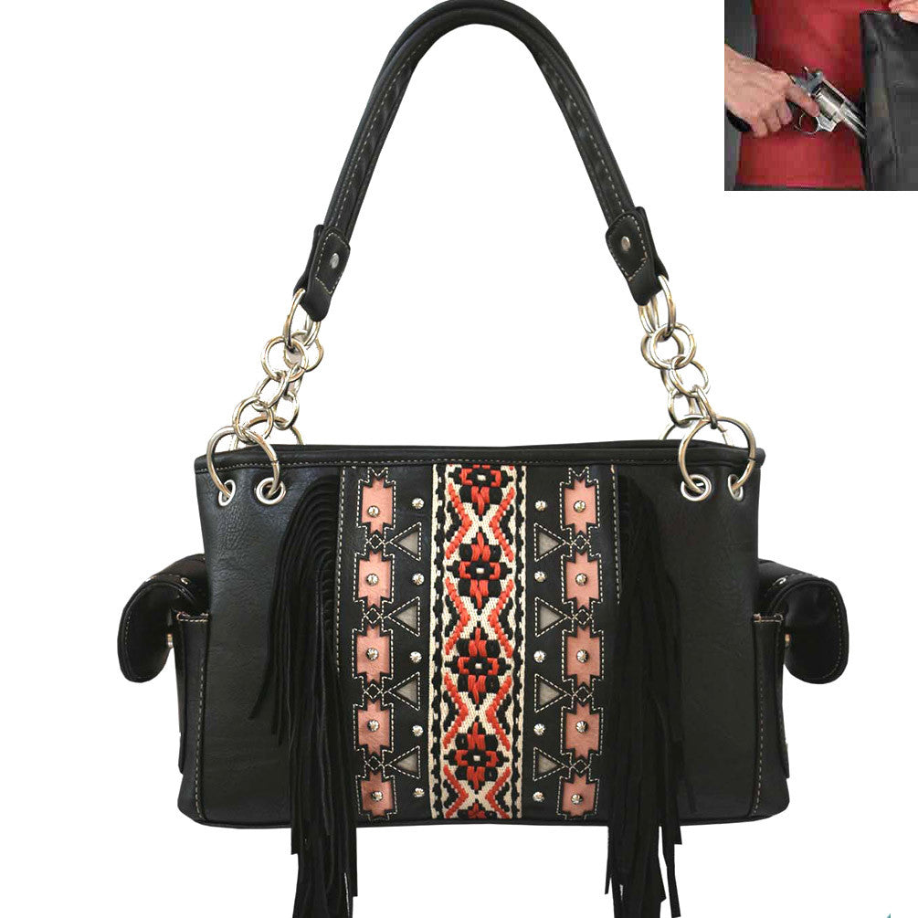 Concealed Carry Western Fringe Concho Tooling Shoulder Bag