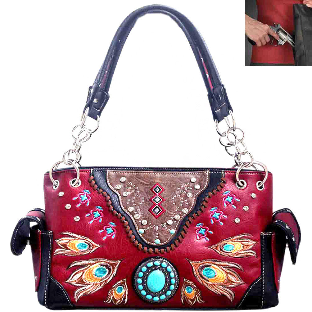 Concealed Carry Western Turquoise Concho Peacock Feather Embroidery Shoulder Bag