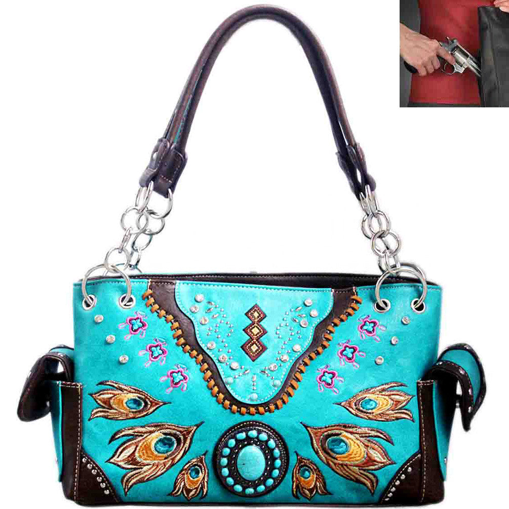 Concealed Carry Western Turquoise Concho Peacock Feather Embroidery Shoulder Bag