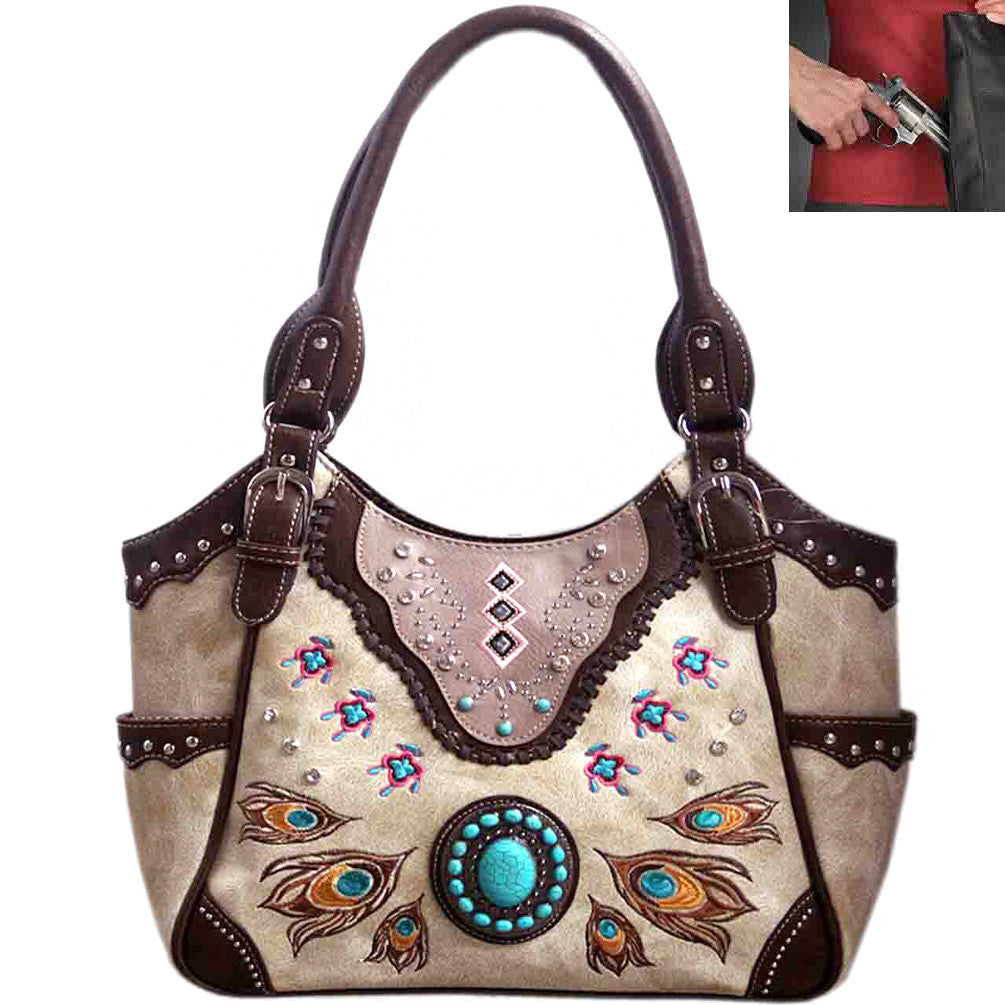 Concealed Carry Peacock Embroidery Concho Shoulder Bag