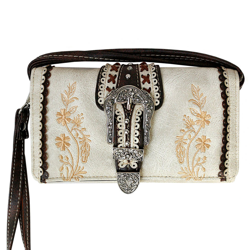 Multi Functional Western Buckle Embroidery Trifold Clutch Crossbody Wallet